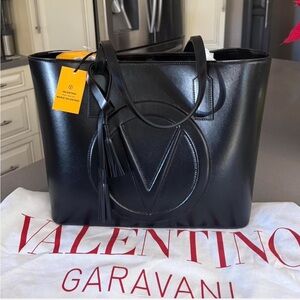 Valentino Black Leather Tote with Logo